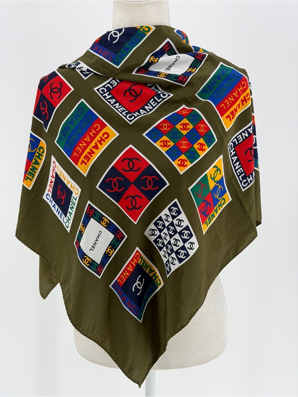 Chanel Interlocking CC Logo Patchwork Printed Multicolor Silk Scarf - Picture 2 of 8